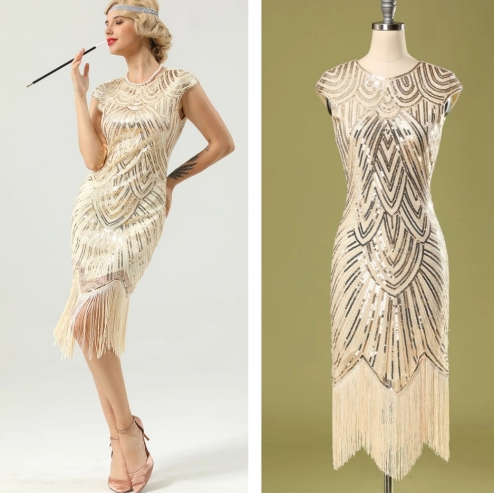 GOLD CREAM SEQUIN FLAPPER DRESS LARGE 10 12